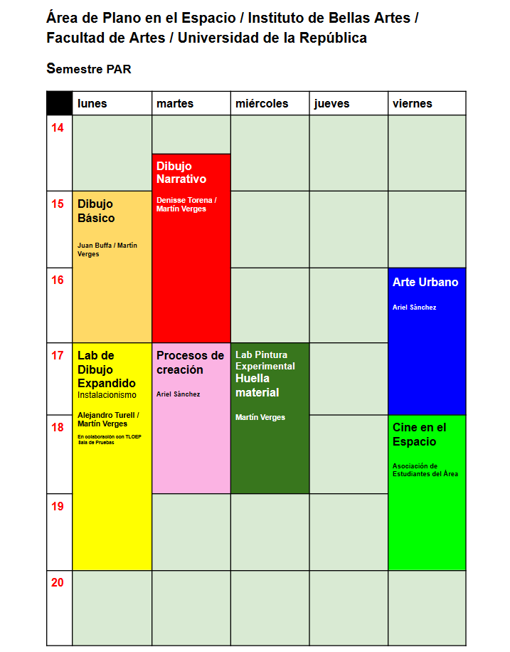 Horarios cursos Semestre par Área Plano en el Espacio