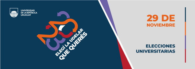 Imagen de difusión de las Elecciones Universitarias 2023. A la izquierda se ve fondo azul y en el extremo superior se encuentra el logo de la Udelar. La imagen que identifica a las elecciones universitarias está compuesta por el 2023 y el texto "Elegí la Udelar que querés". Hacia la derecha se lee sobre gris claro 29 de noviembre elecciones universitarias.