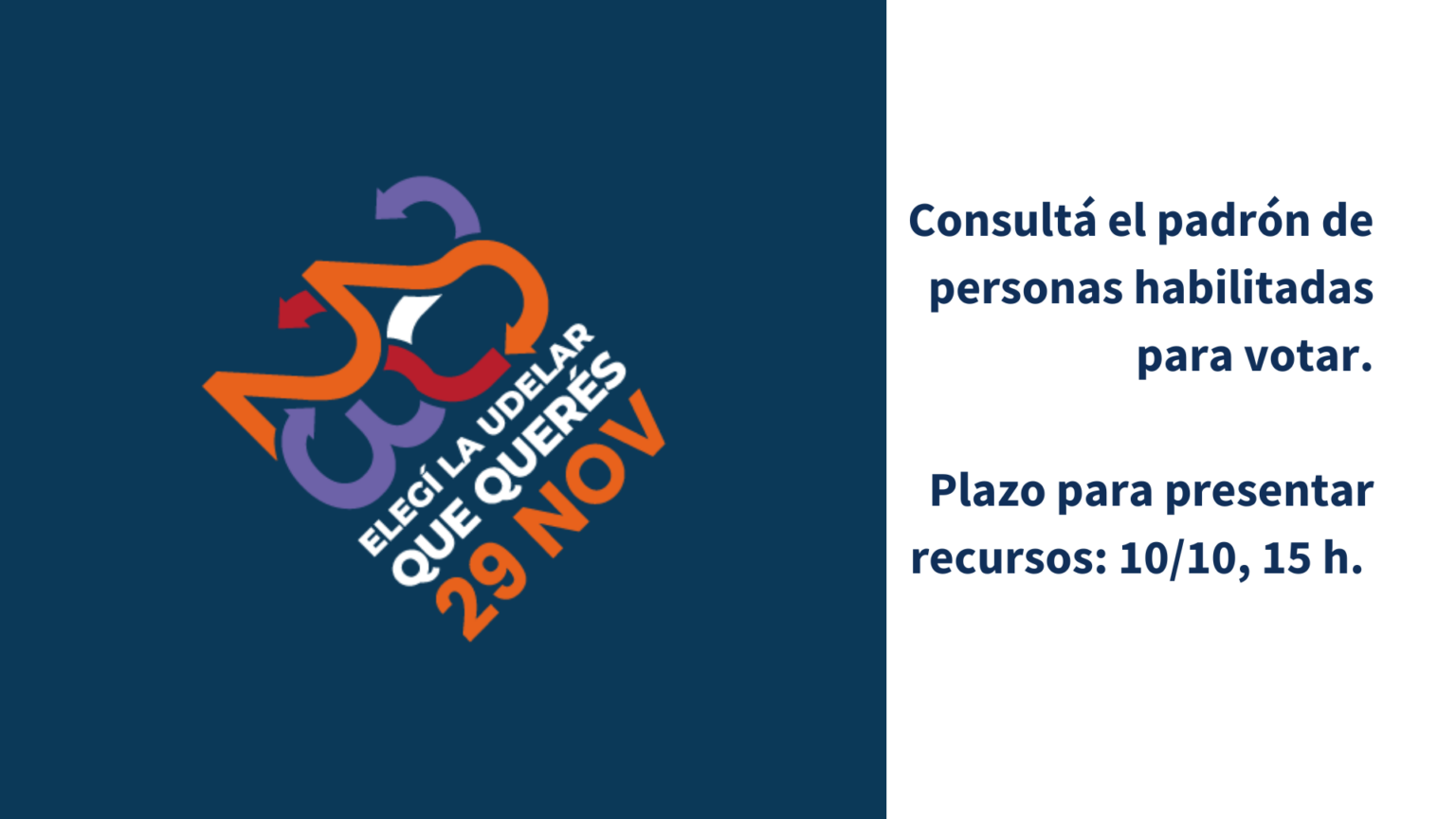 Imagen de difusión de las Elecciones Universitarias 2023. Se ve fondo azul y la imagen que identifica a las elecciones universitarias está compuesta por el 2023 y el texto "Elegí la Udelar que querés". Hacia la derecha se lee sobre blanco el siguiente texto en letras azules: " Consultá el padrón de personas habilitadas para votar. Plazo para presentar recursos: 10/10, 15 h.