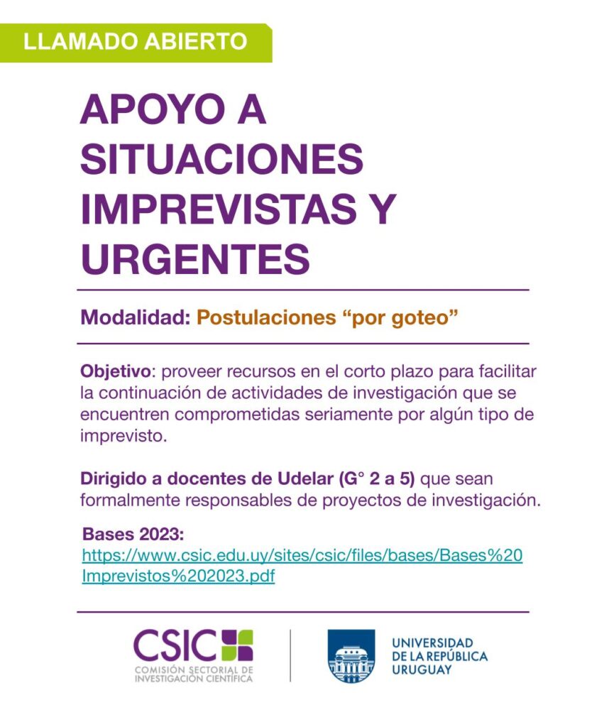 Sobre fondo blanco se puede leer texto sobreimpreso en letras de diversos colores: "Llamado abierto. Apoyo a situaciones imprevistas y urgentes" Modalidad postulaciones por goteo. objetivo: proveer recursos en el corto plazo para facilitar la continuación de actividades de investigación que se encuentren comprometidas seriamente por algún tipo de imprevisto. Dirigido a docentes Udelar grados 2 a 5 que sean formalmente responsables de proyectos de investigación. Logo CSIC y Udelar