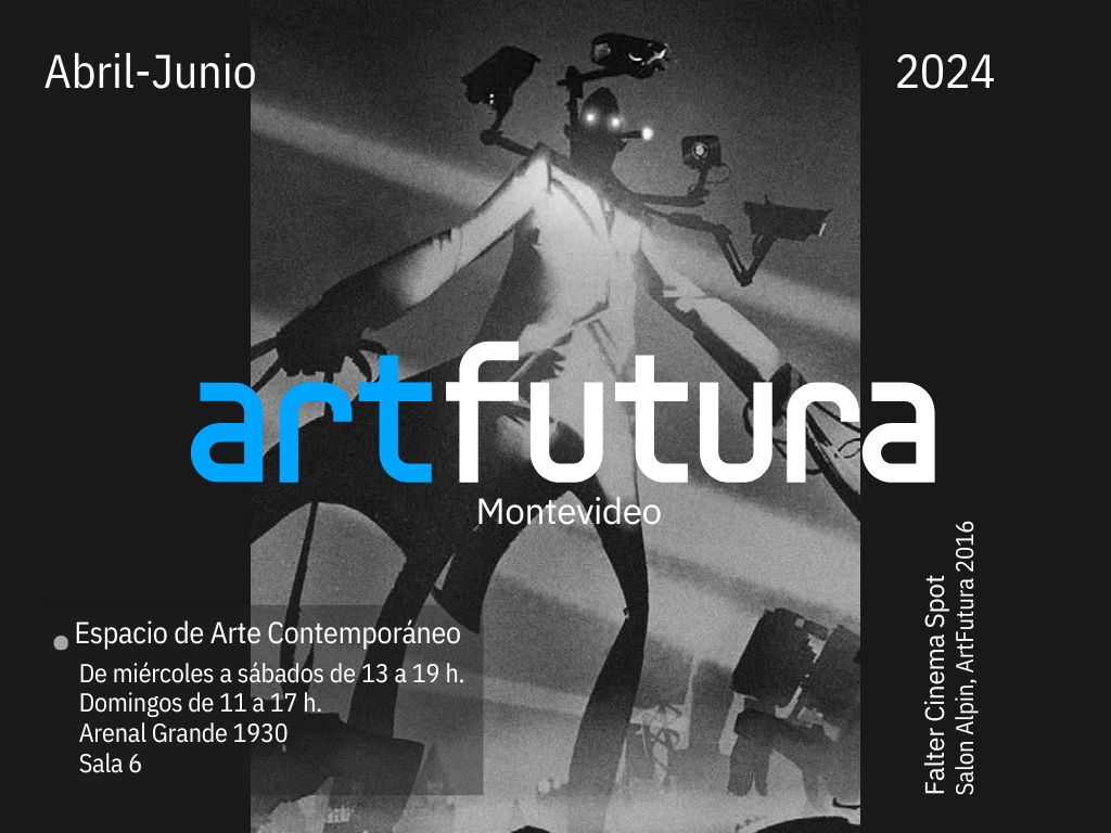 Gráfico en el que se puede ver una creación digital similar a un humano con luz en los ojos. Fondo gris. Sobreimpreso se puede leer: Abril- Junio, 2024, ArtFutura, Montevideo y luego los datos de evento: Espacio de Arte Contemporáneo, de miercoles a sábado de 13 a 19 h. Domingos de 11 a 17 h. Arenal Grande 1930 Sala 6