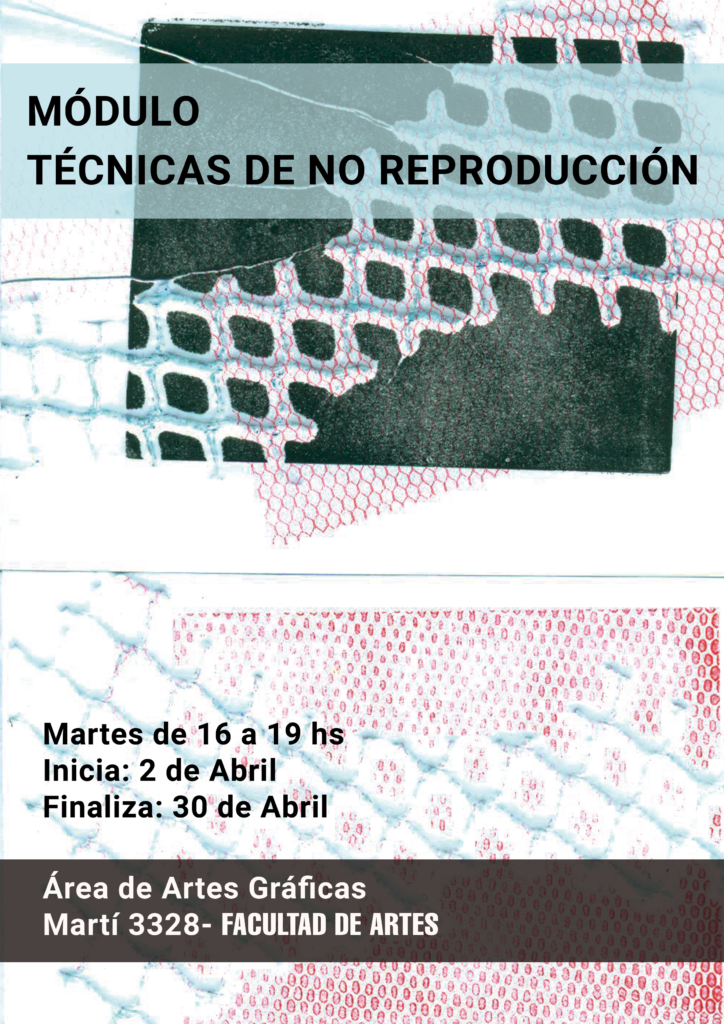 Imagen donde se ven distintas tramas superpuestas y texto sobreimpreso: "Módulo Técnicas de no reproducción
Martes de 16 a 19 h. 
Inicia 2 de abril. 
Finaliza: 30 de abril. Área de Artes Gráficas. Martí 3328, Facultad de Artes". 