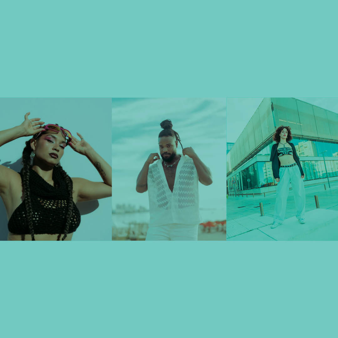 Imagen de difusión donde se ven las fotografías de los tres artistas con un filtro de color verde agua.
