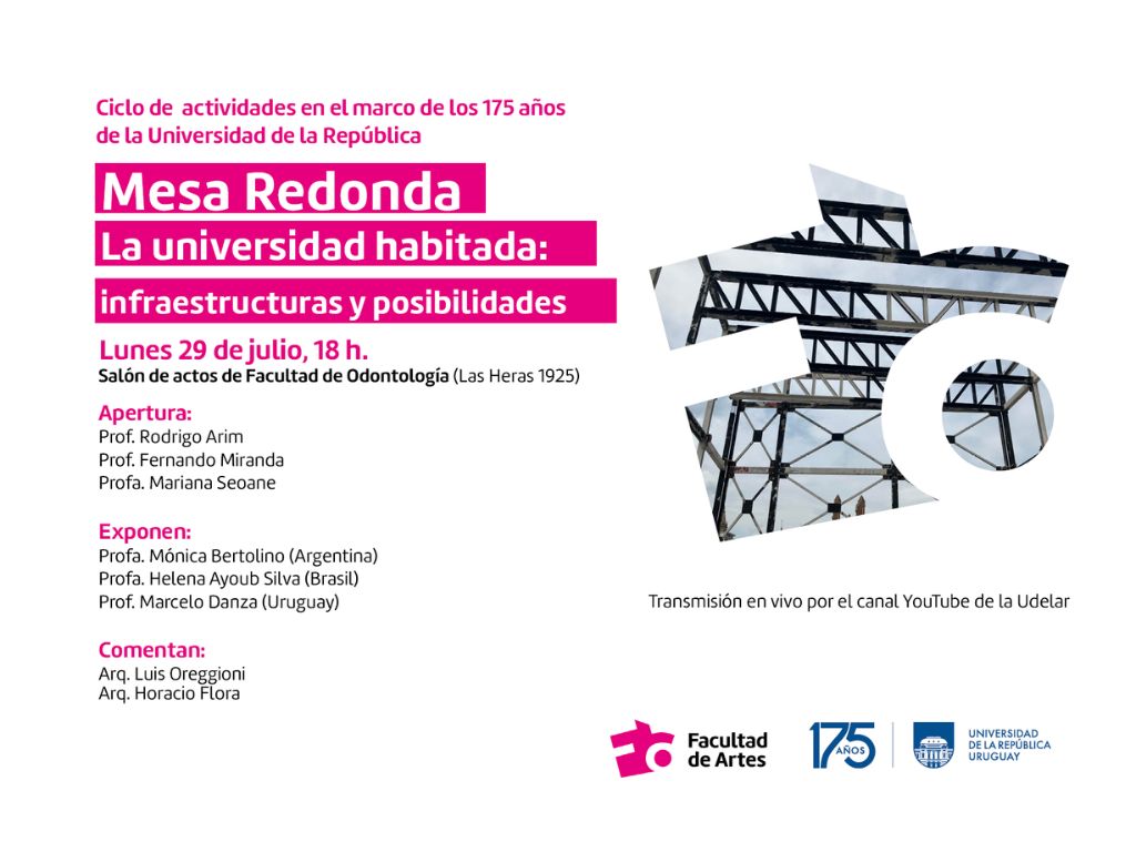 Gráfico rectangular de fondo blanco Con texto sobreimpreso en letras blancas y subrayado en magenta que dice: Mesa redonda La universidad habitada: Infraestructuras y espacialidades. A la derecha del texto, grande, se encuentra el contorno del logo de Facultad de Artes, relleno por una fotografía de la estructura de hierro de una construcción en proceso.