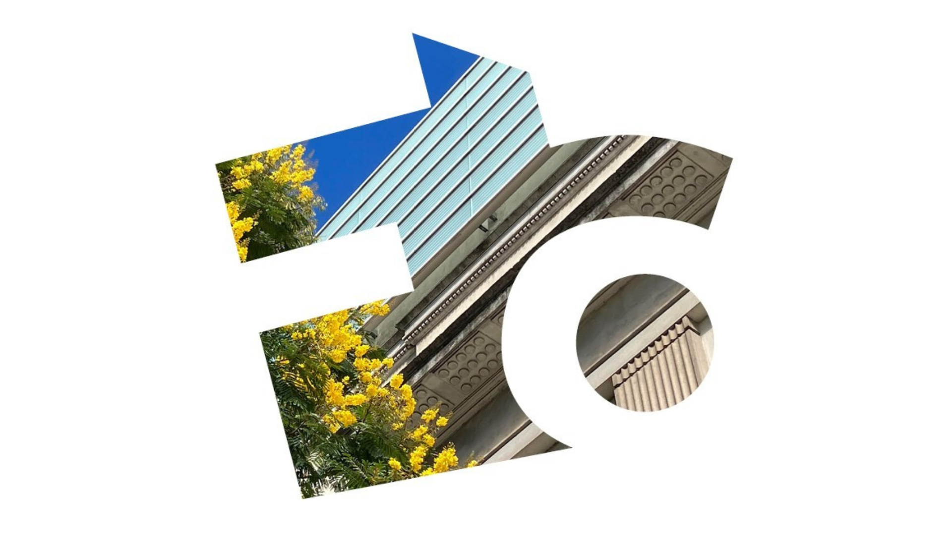 Gráfico de difusión de la ceremonia de graduación en el que aparece el logo de la Facultad como "contenedor" de la fotografía de la fachada de la misma.