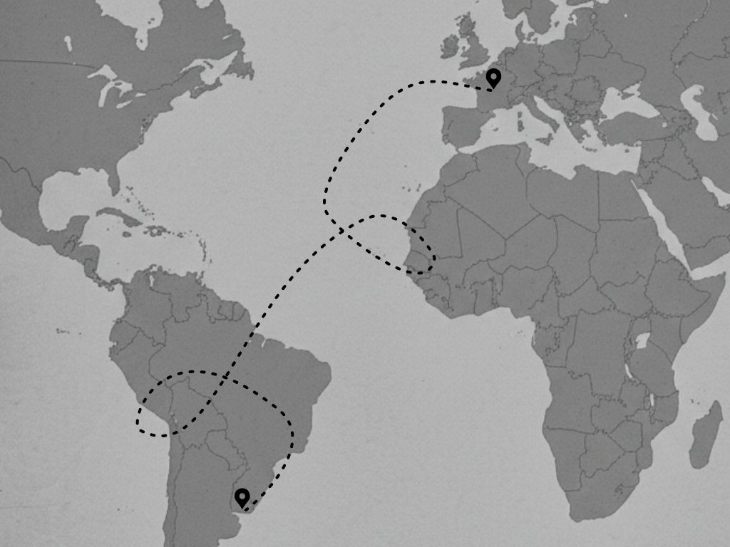 planisferio en escala de grises en el que están señaladas las ciudades de París y Montevideo, unidas por una linea punteada.