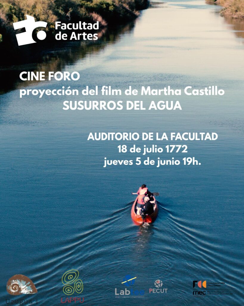 Gráfico de difusión. Fotografía de un pequeño bote con personas, navegando por un curso de agua, sobre impreso en blanco la información de la proyección.