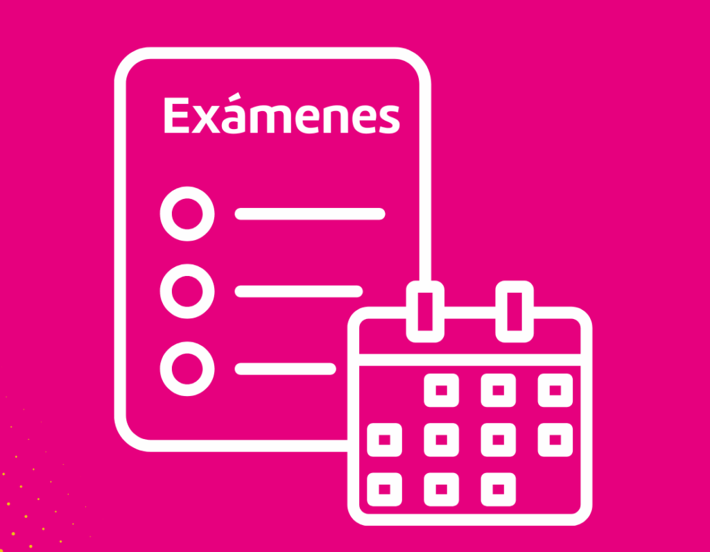 Gráfico con el texto 'Julio 2025 – Calendario de exámenes, Instituto de Música', acompañado de íconos de examen y calendario sobre fondo magenta.