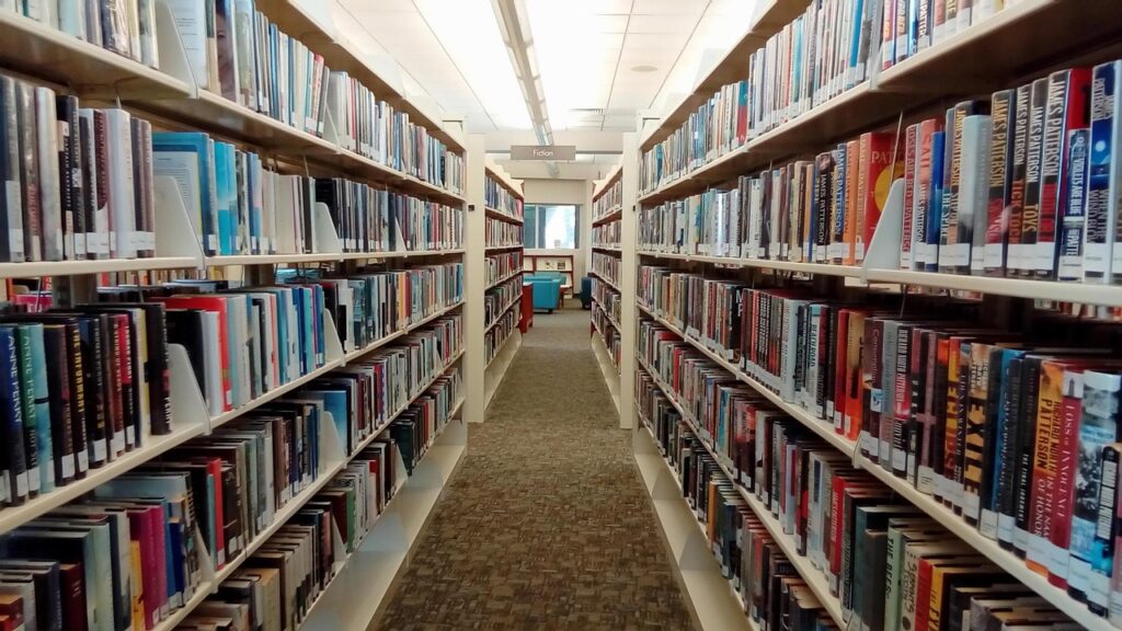 Vista de un pasillo de biblioteca con estanterías llenas de libros a ambos lados. Al fondo se observa una ventana y un sector de lectura con sillones celestes. La imagen muestra una perspectiva simétrica