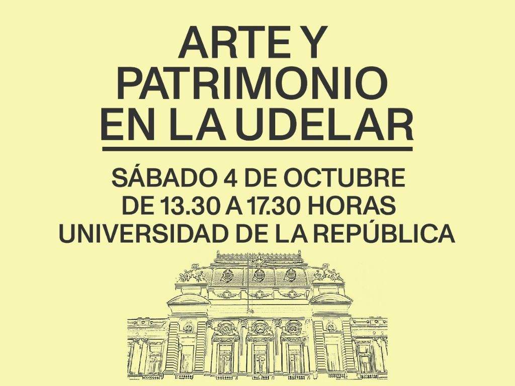 Afiche en fondo amarillo con ilustración de la fachada del edificio central de la Udelar