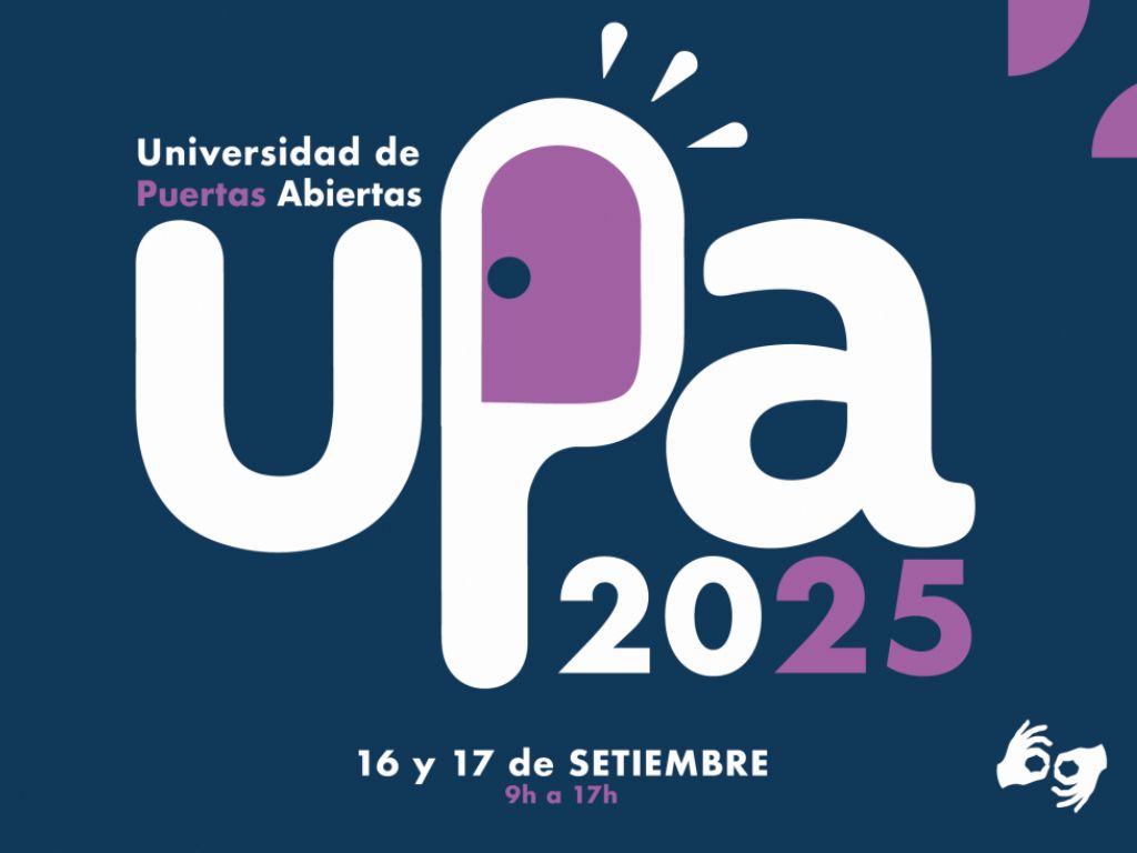 Gráfico de difusión de la feria educativa UPA con logo 2025 de la misma. Fondo azul marino.