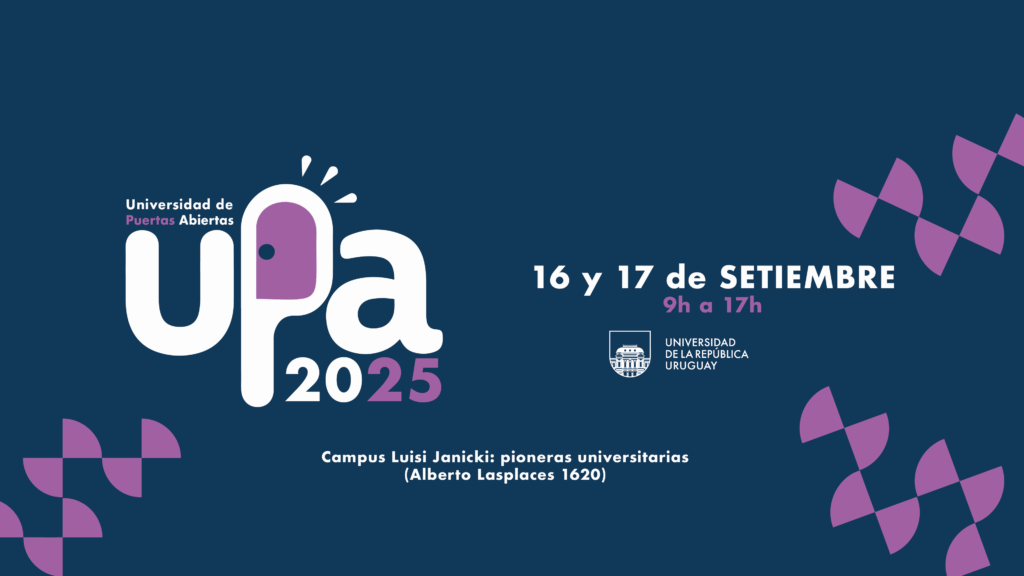 Gráfico de difusión de la feria educativa UPA con fechas y horarios de la misma. Fondo azul marino.