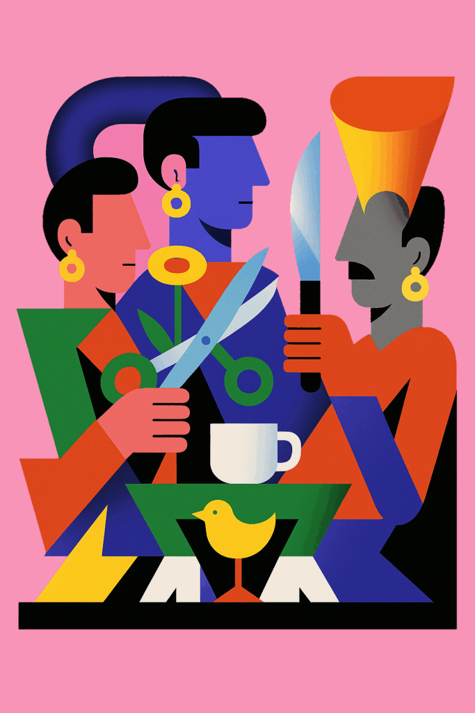 Ilustración en estilo geométrico y colores planos sobre fondo rosa. Tres figuras humanas se sientan alrededor de una mesa.