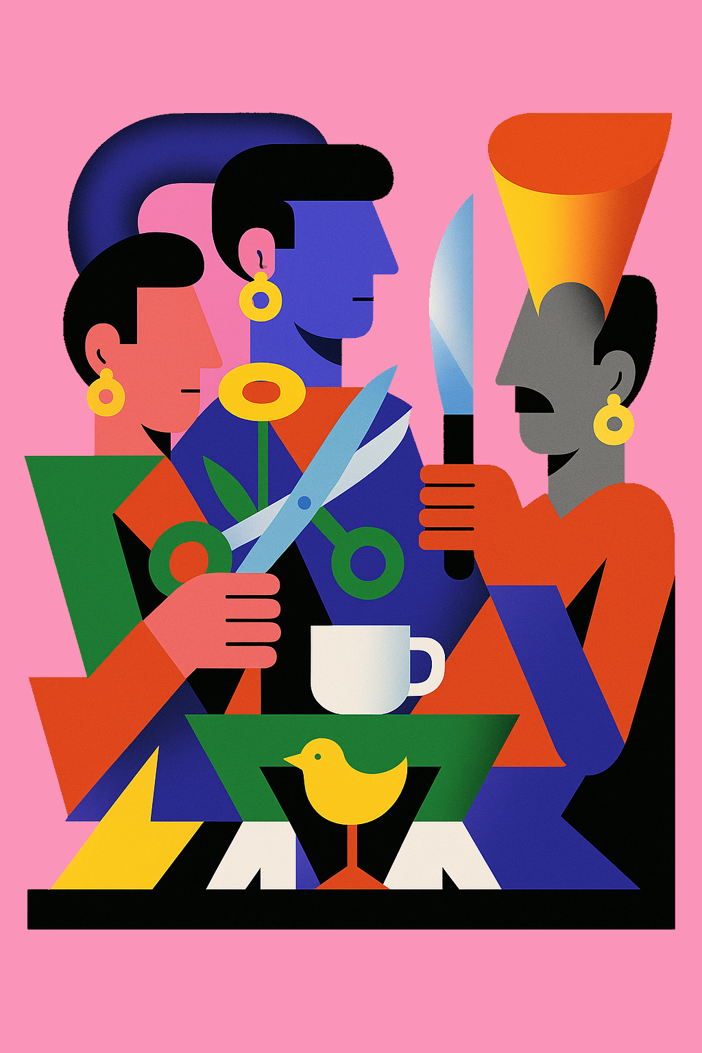 Ilustración en estilo geométrico y colores planos sobre fondo rosa. Tres figuras humanas se sientan alrededor de una mesa.