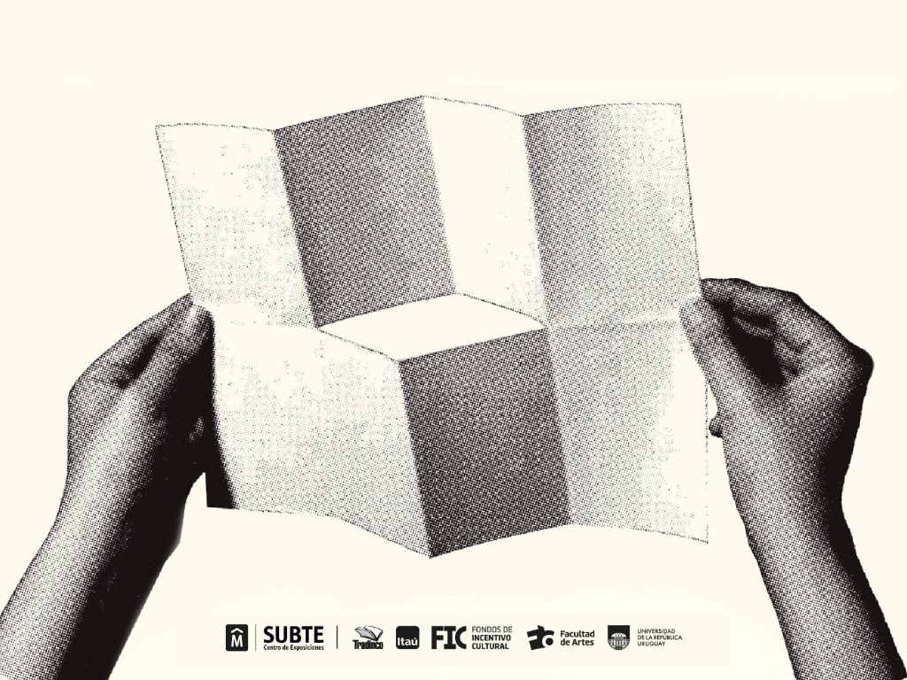 Afiche de la presentación del libro “Actantes. Caja de herramientas de uso gráfico”. Dibujo de manos sosteniendo un cubo desplegable.