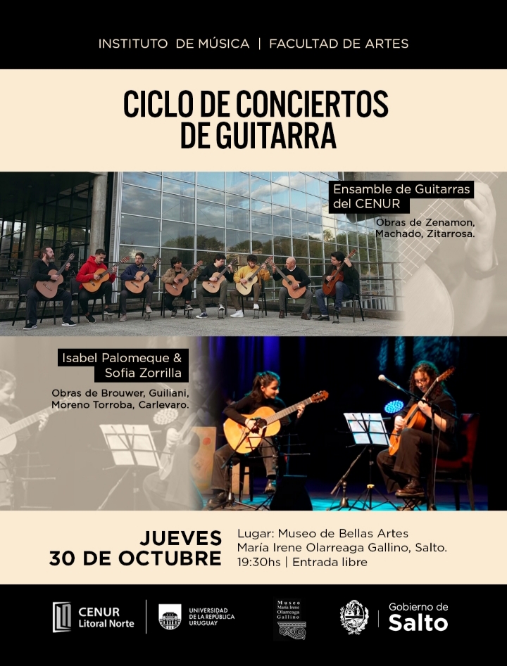 Afiche del Ciclo de Conciertos de Guitarra con información del concierto del 30 de octubre en el Museo de Bellas Artes de Salto.