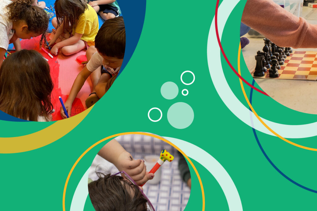 Collage colorido con fotografías de niñas y niños participando en actividades de juego, arte y ajedrez, sobre un fondo verde con formas circulares y líneas en colores del Área Social y Artística.