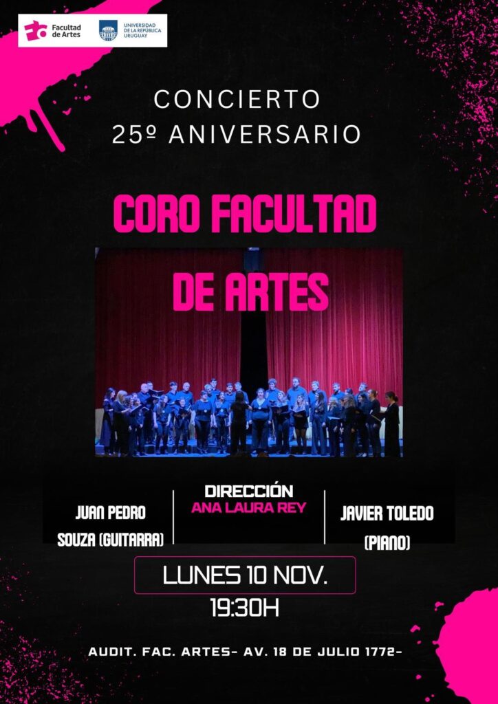 Gráfico de difusión en fondo negro con texto en magenta. Se superpone una fotografía del coro durante una actuación.