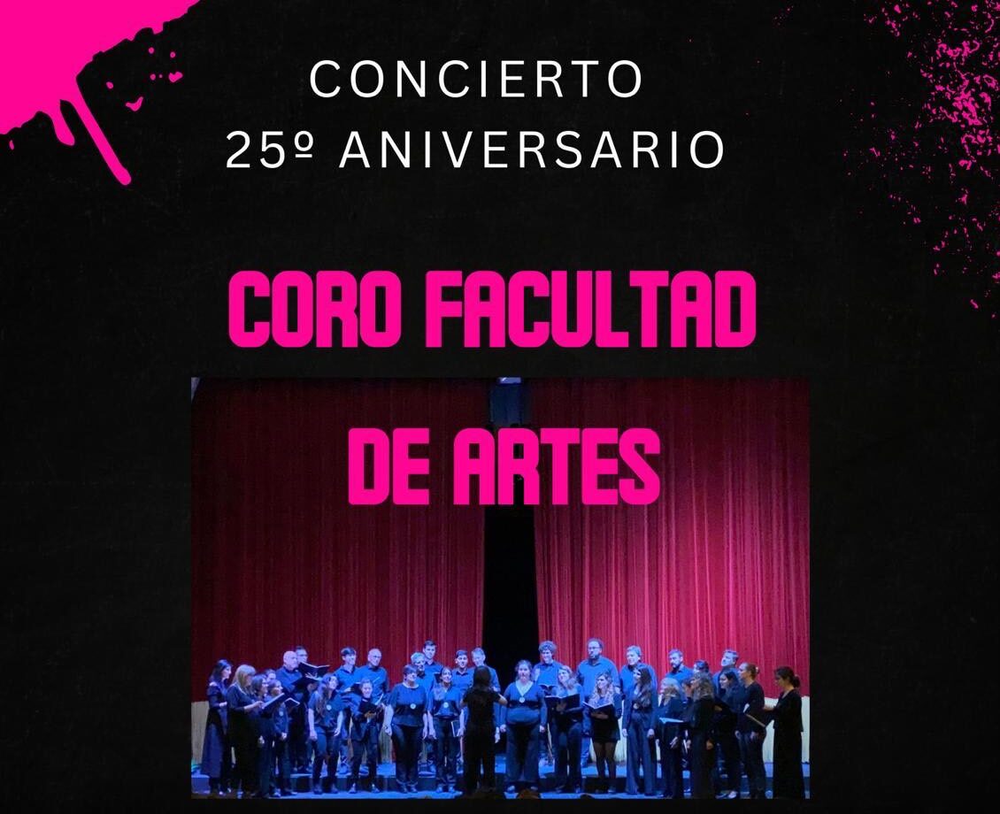 Gráfico de difusión en fondo negro con texto en magenta. Se superpone una fotografía del coro durante una actuación.