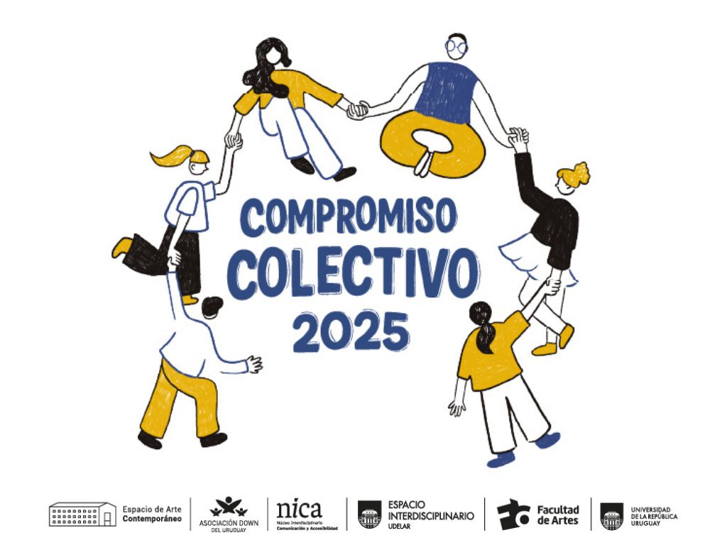 Sobre fondo blanco hay una ilustración de personas formando una ronda. En el centro dice “Compromiso Colectivo 2025”. Abajo: “12 de diciembre, 18 a 20 h, Espacio de Arte Contemporáneo, Miguelete 1825”. Logos de instituciones al pie.