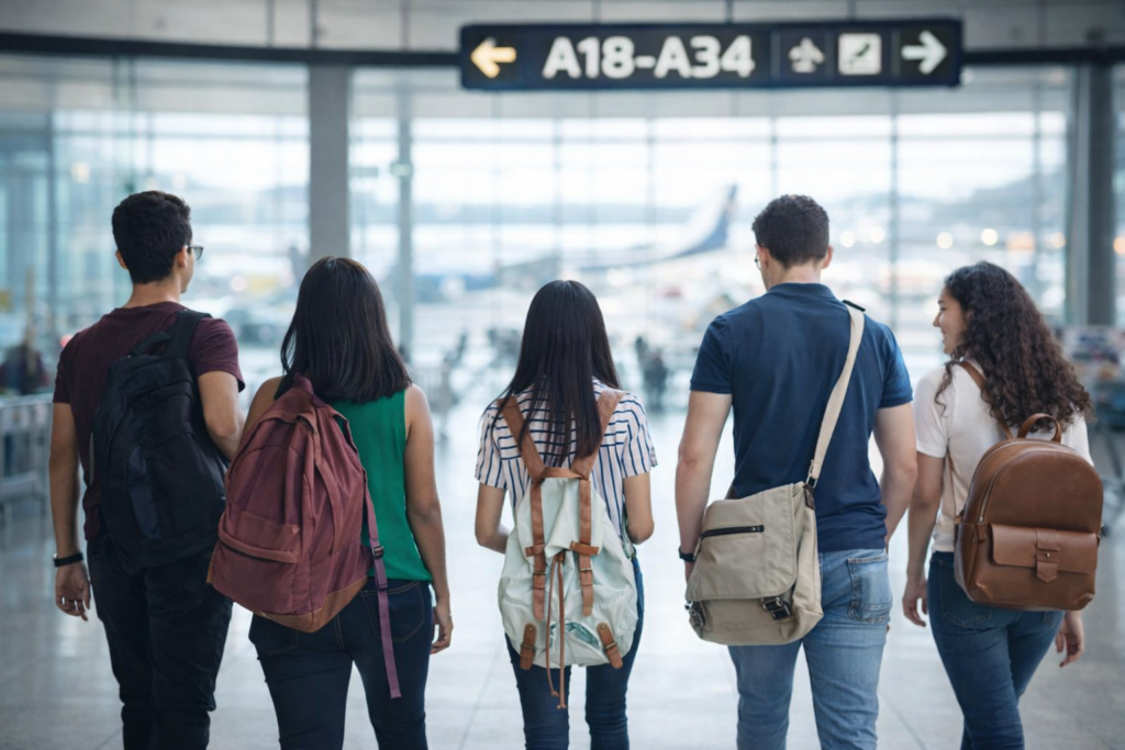 Estudiantes de espaldas caminando con mochilas en un aeropuerto hacia la zona de embarque
