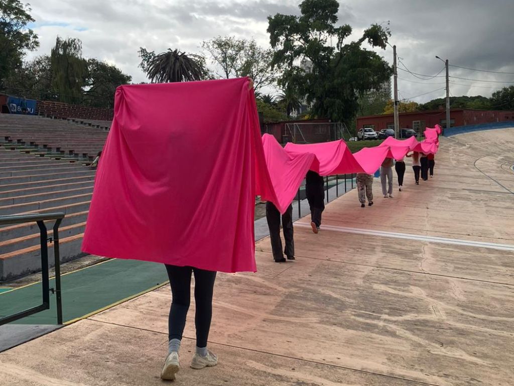 Intervención de danza contemporánea con tela magenta