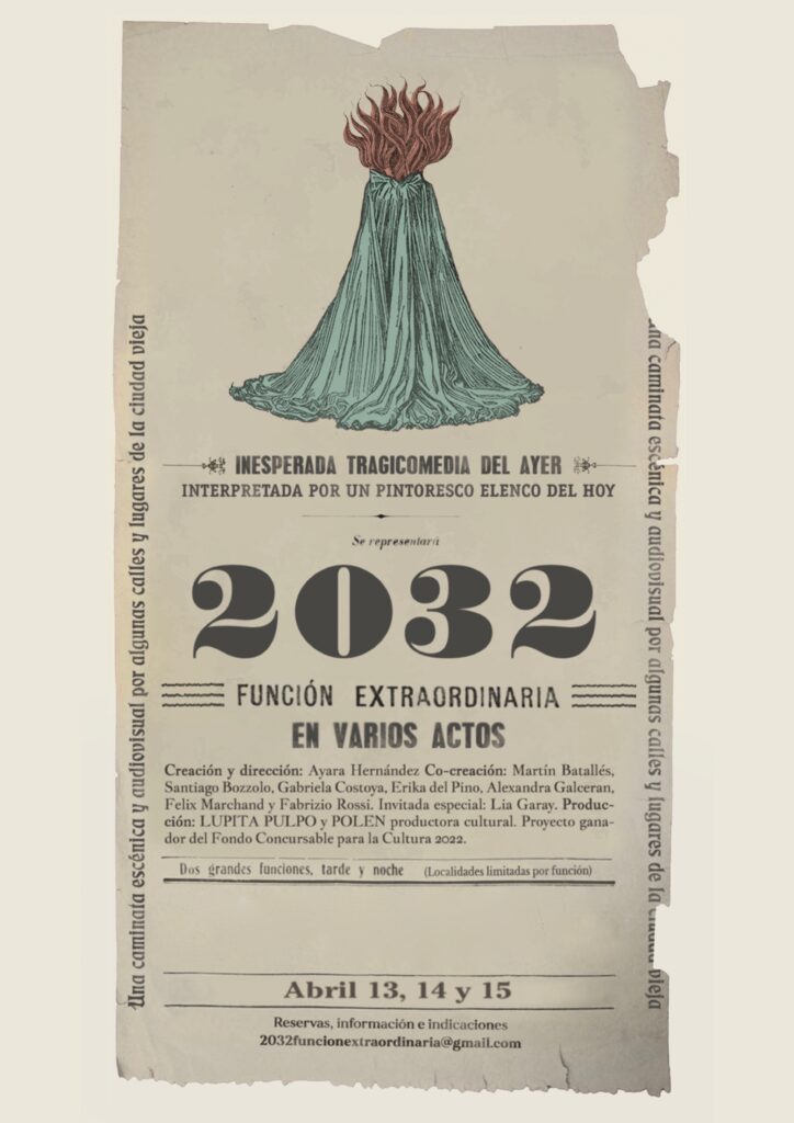 Afiche de la obra, con ilustración central de figura cubierta por tela verde y tipografía estilo antiguo, incluyendo fechas y datos de la función.