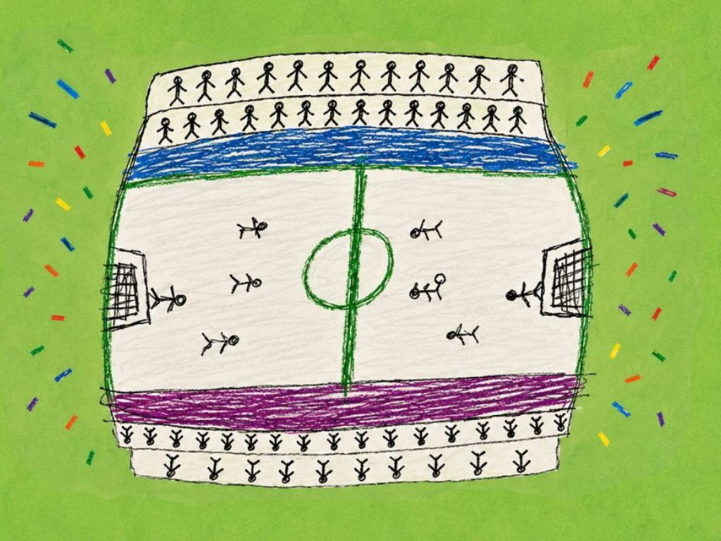 Imagen de difusión de Picadito de la banda rota. Se ve un dibujo de la vista de una cancha de fútbol cenital, realizado por un niño/a